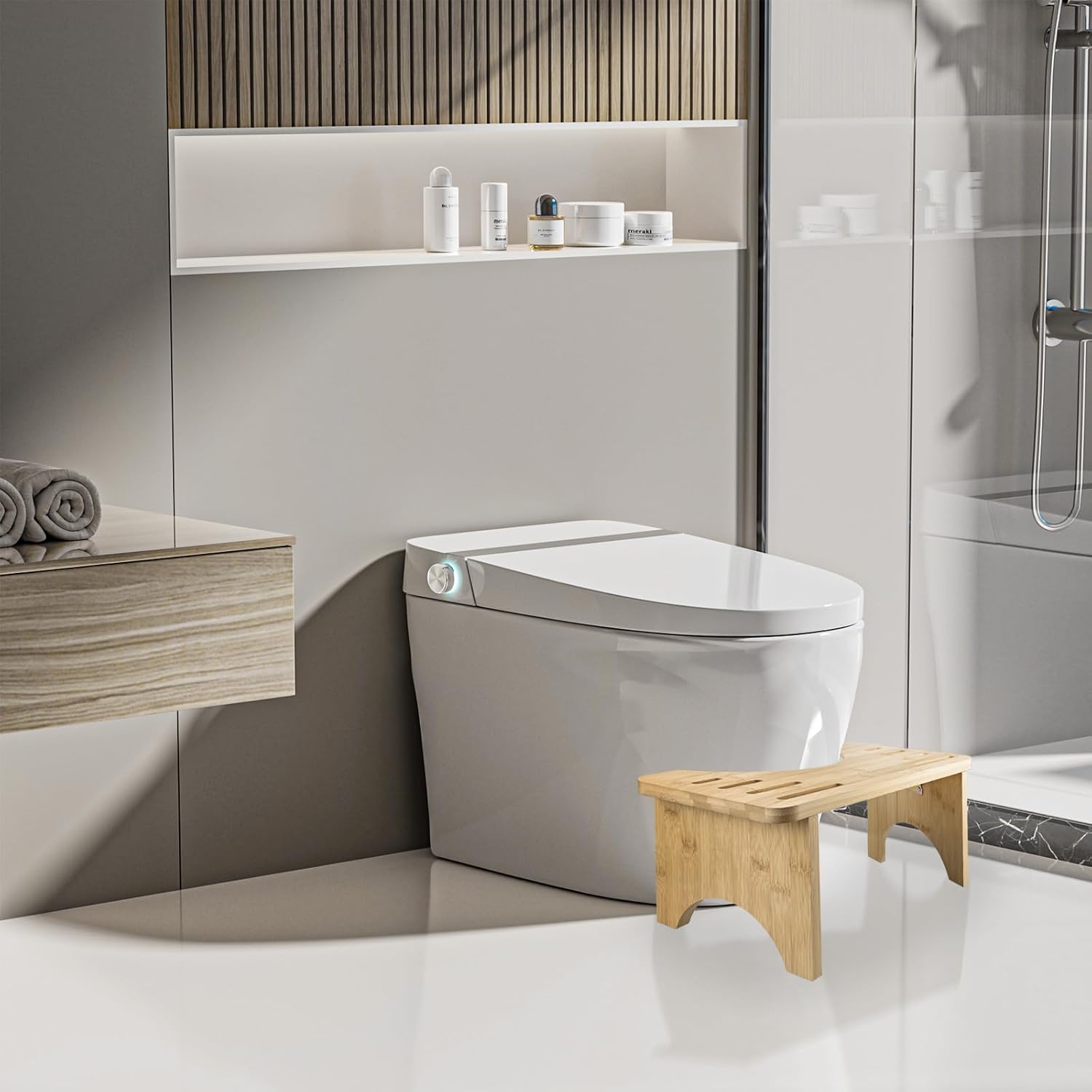 Tabouret de toilette bambou - pliable, ergonomique, portable - confort intestinal