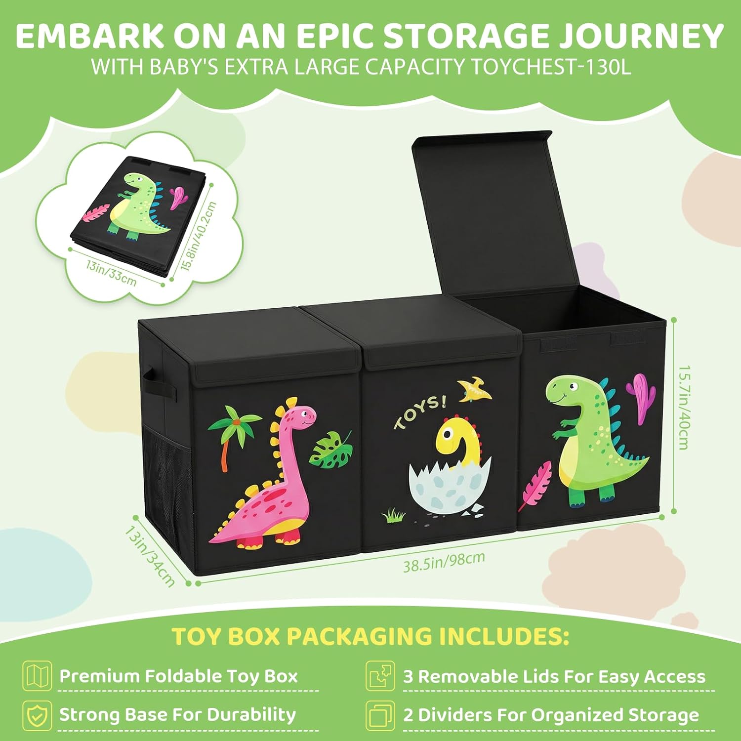 Boîte de Rangement - coffre pliable 130L, 98x34x40cm, poignée, couvercle