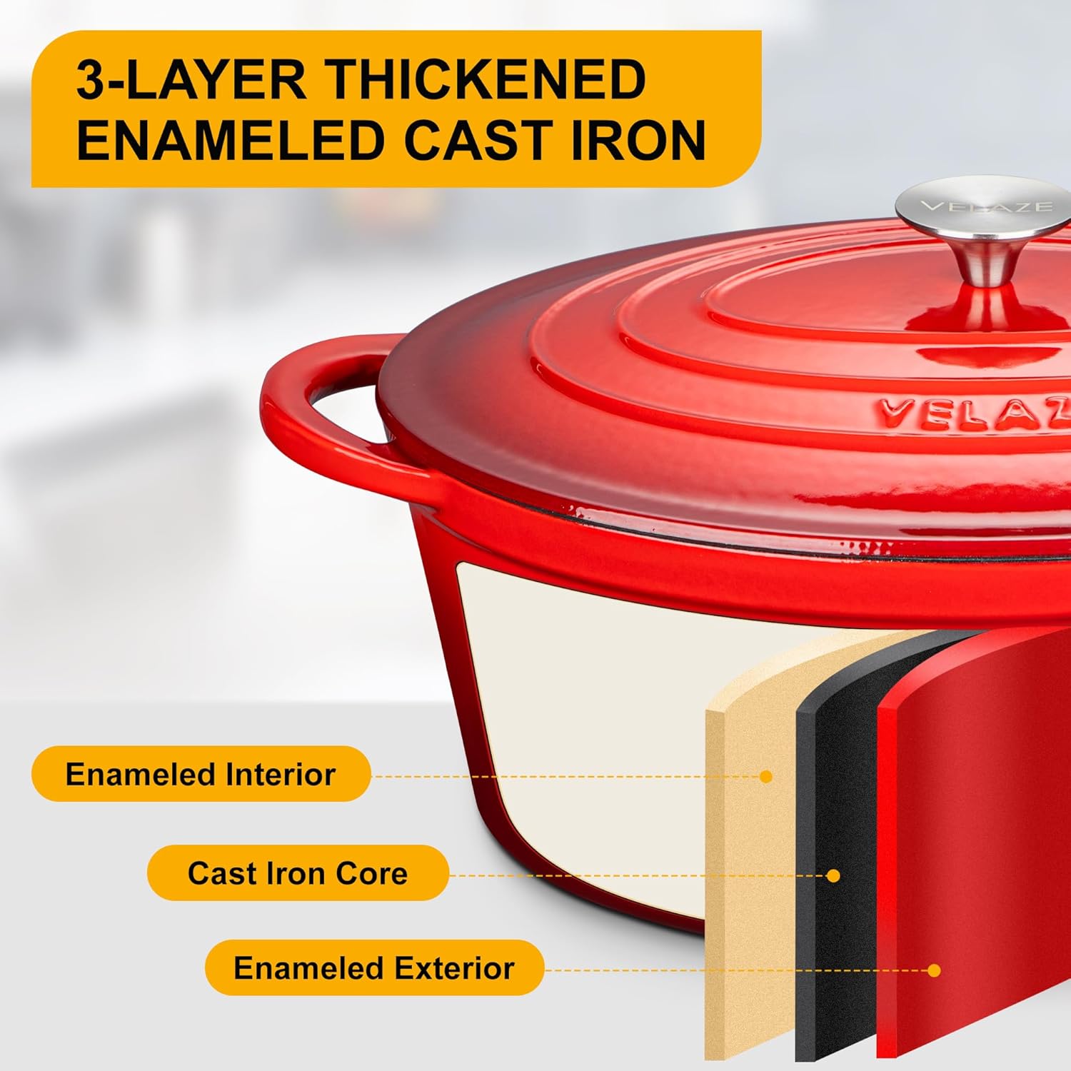 Velaze - cocotte fonte émaillée 7L 34cm, induction, couvercle rouge