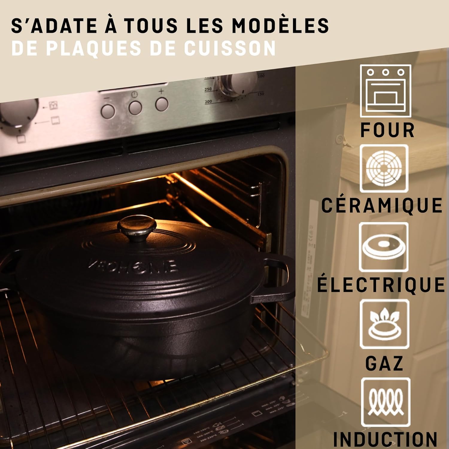 VeoHome - Cocotte fonte émaillée ovale 6L - noir mat, ultra résistante, induction, four, couvercle relief