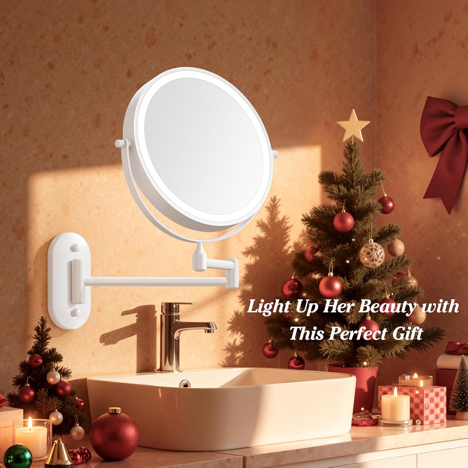 Auxmir - miroir mural série lumineuse - 8 pouces - grossissement 1x/30x, 3 couleurs, tactile, USB, 360° pivotant