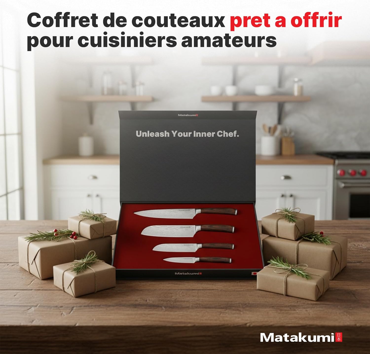 Matakumi - Set couteaux japonais damassé 4 pièces, acier carbone, manche ergonomique