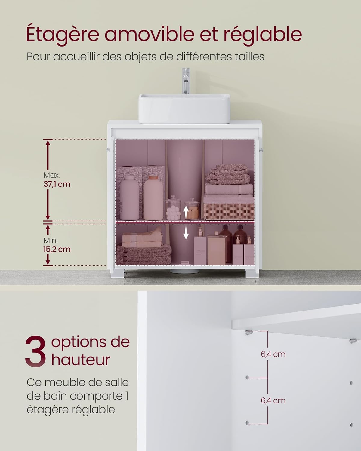 VASAGLE - meuble sous lavabo série BBK506W01 - 30x60x60 cm - 2 compartiments, pieds, blanc