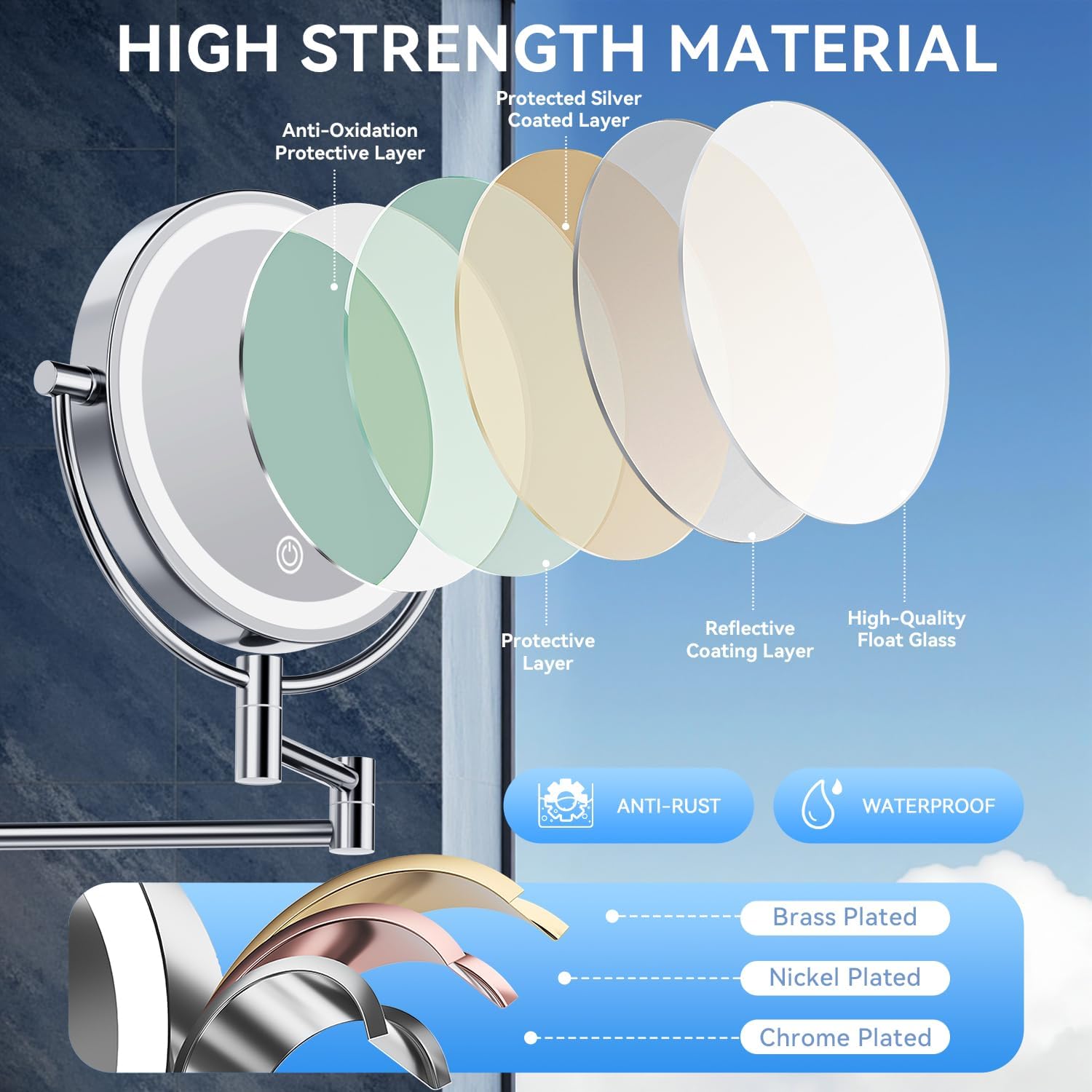 Auxmir - miroir mural série lumineuse - 8 pouces - 1X/30X grossissant, 3 couleurs, tactile, 360° pivotant, branchement E