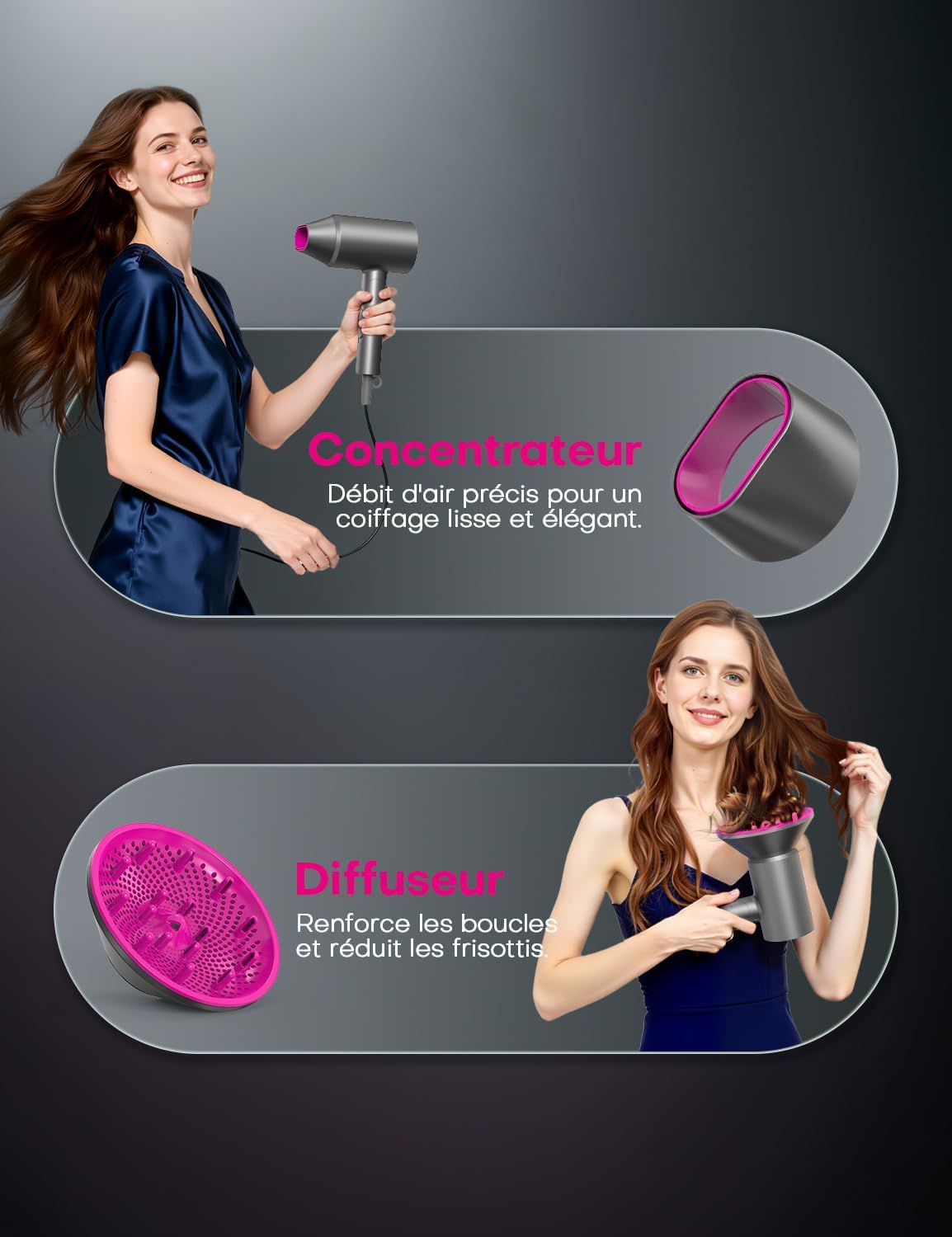 Sèche-cheveux - 1800W, pliable, ionique, diffuseur, Cold Shot, Turbo Heat