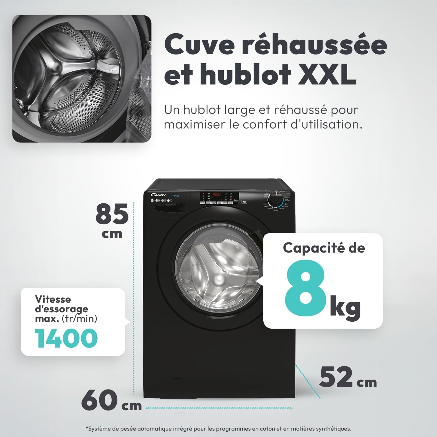 Candy - Série CS 148T - 8kg, 1400trs, écran digital, 85x60x52cm - CS 148TMBBE/FR