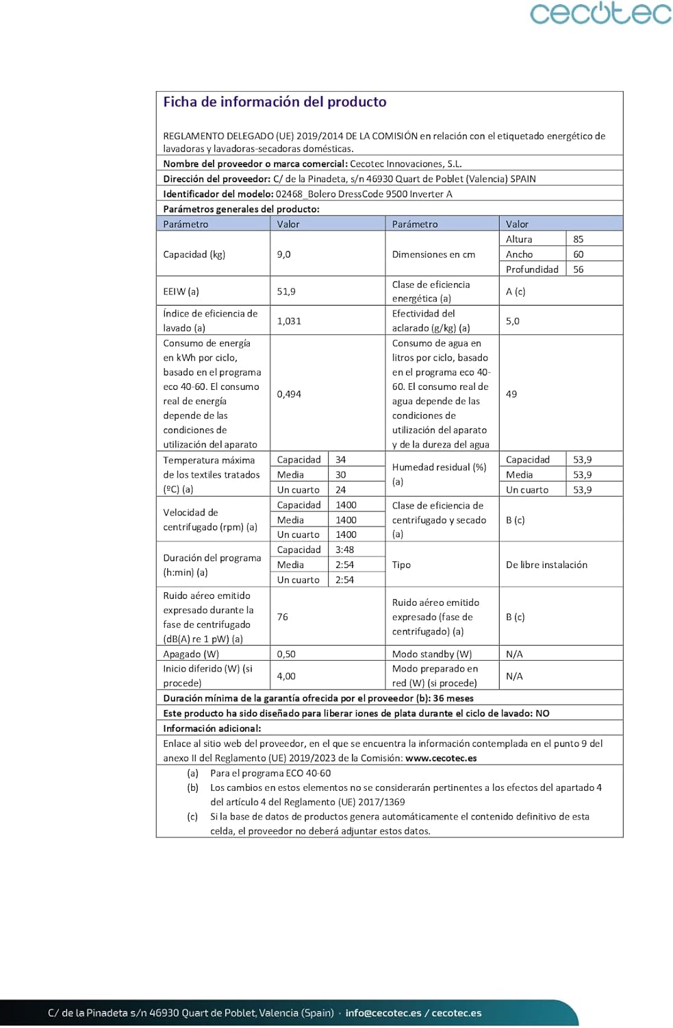 Cecotec - Bolero Dresscode 9500 Inverter - 9 kg - 1400 rpm, 16 programmes, SteamMax