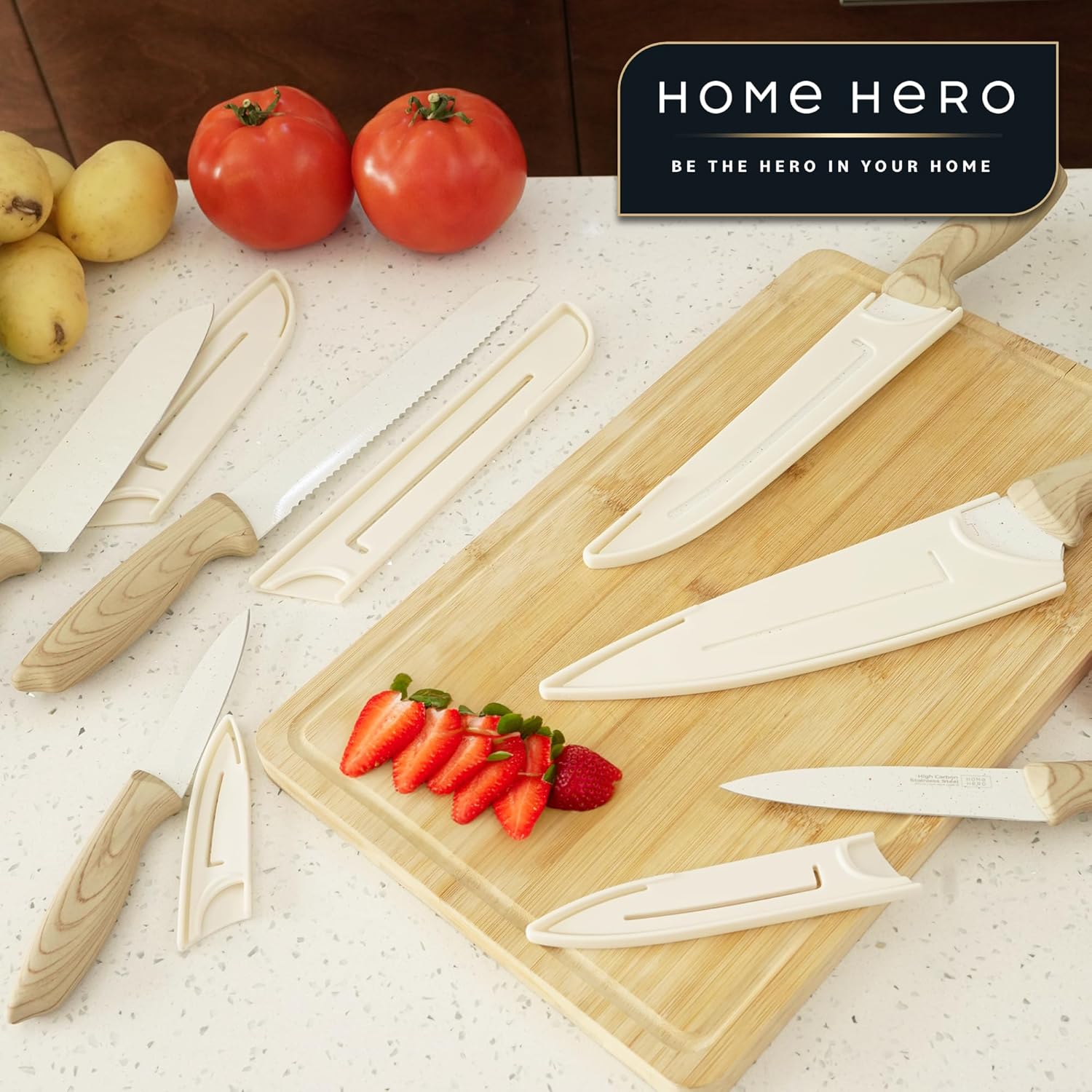 Home Hero - Bloc de couteaux 12 pièces crème - inox carbone, poignées ergonomiques