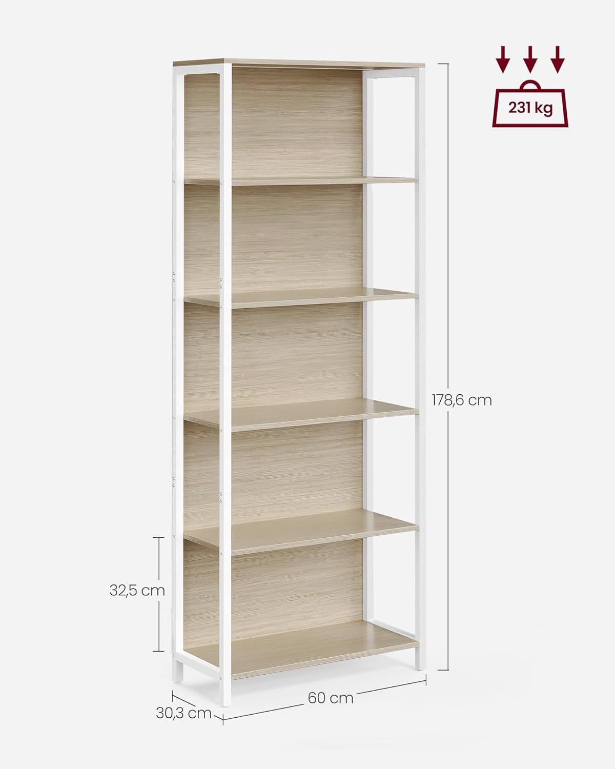 VASAGLE - bibliothèque LED 6 niveaux - 30,3x60x178,6 cm - cadre acier, lumière réglable - LLS120LL01