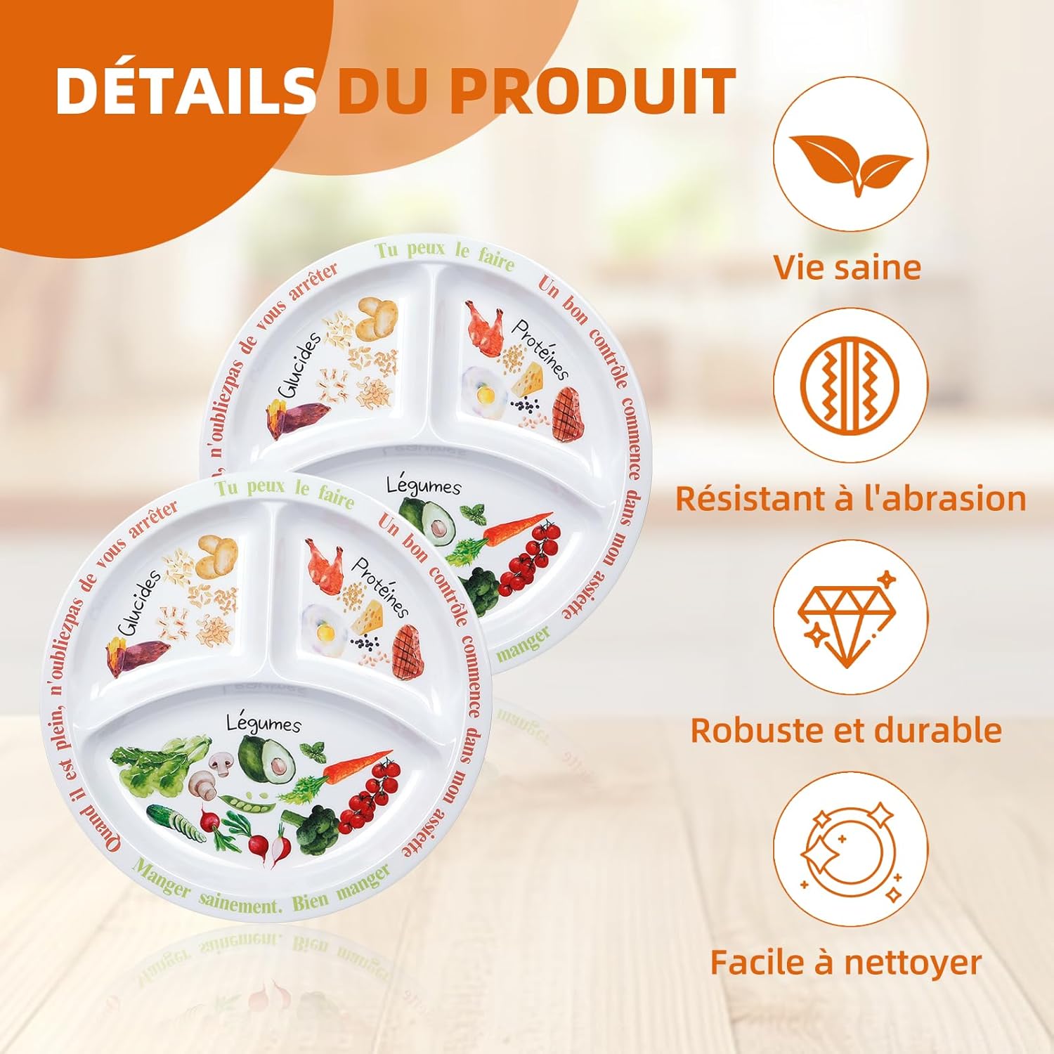 Assiette de contrôle des portions - mélamine - pour adultes/adolescents - partitions équilibrées, perte de poids, texte 