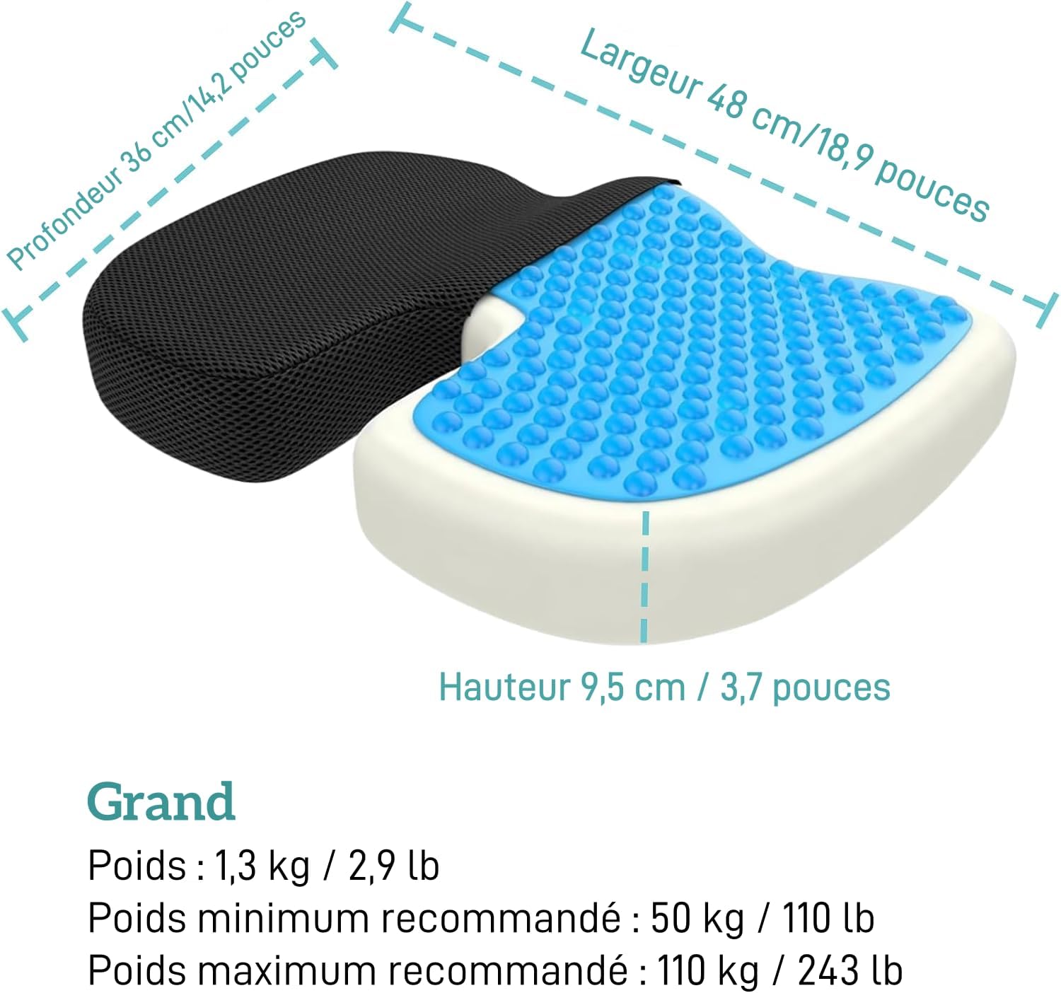 Coussin assise ergonomique mémoire de forme, large, soutien dos noir