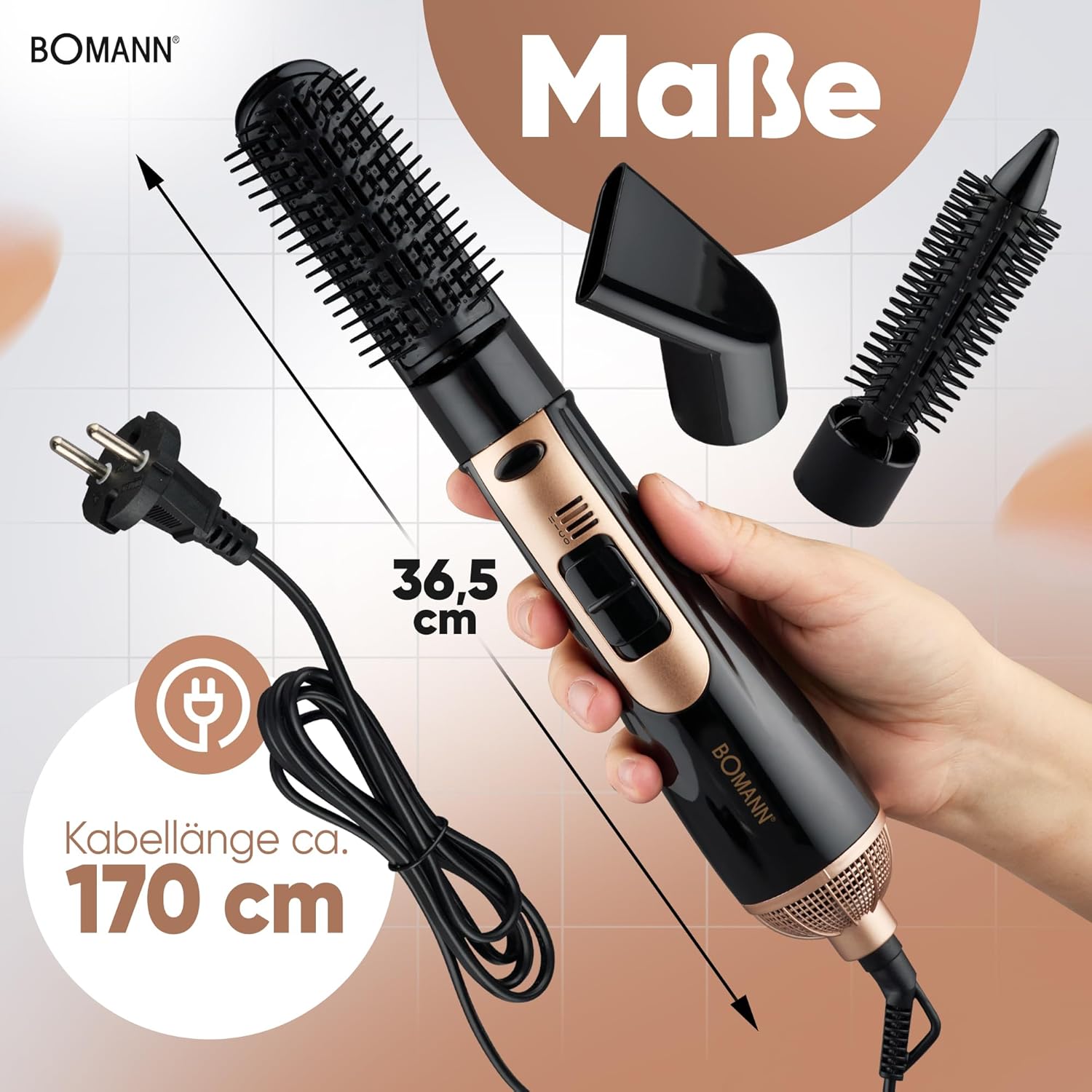 Bomann - brosse à air chaud, 3 embouts, 2 niveaux, pour tous cheveux HAS6077CB