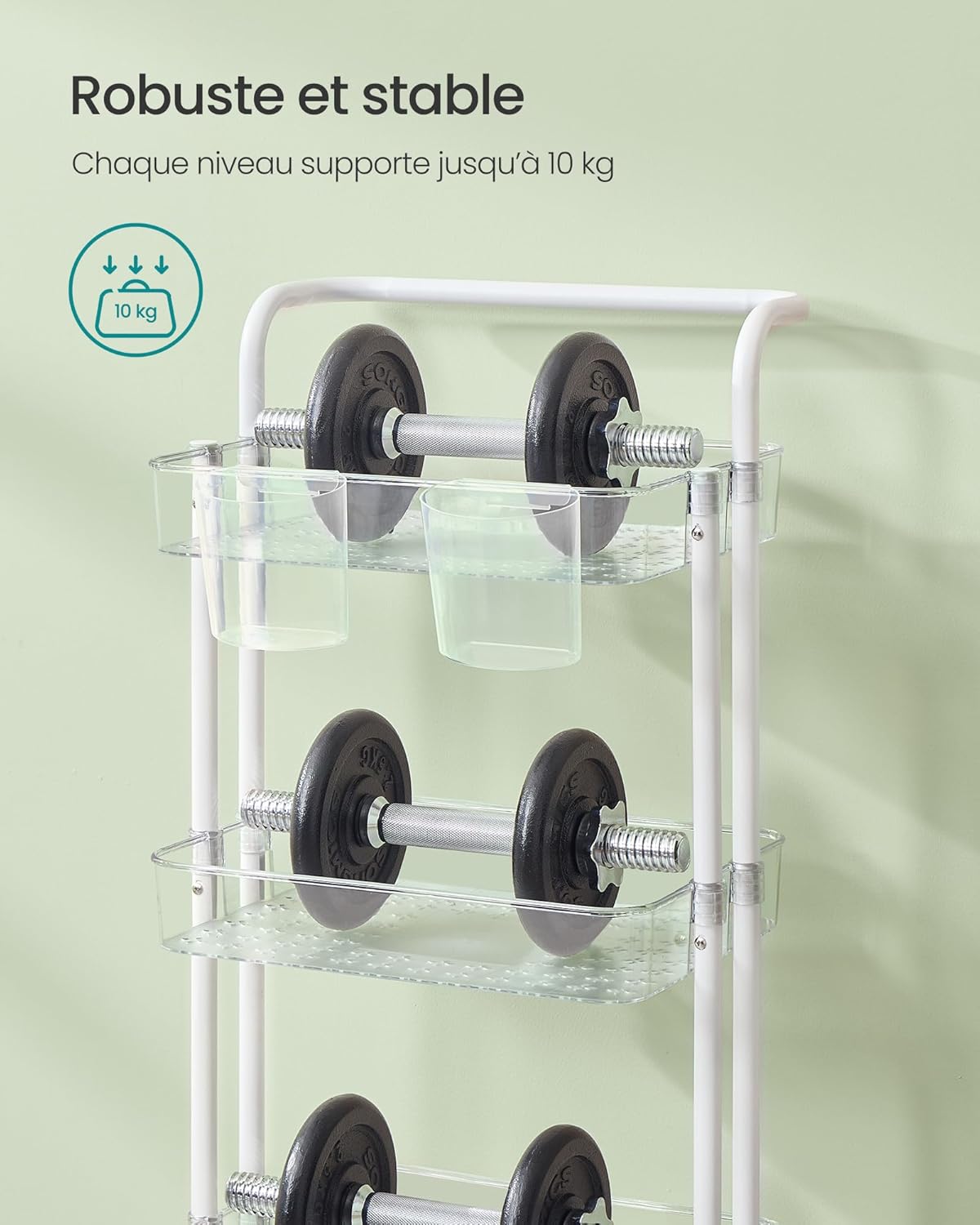 SONGMICS - desserte 3 niveaux, poignée, roulettes, 2 pots, 2 freins, BSC067W03