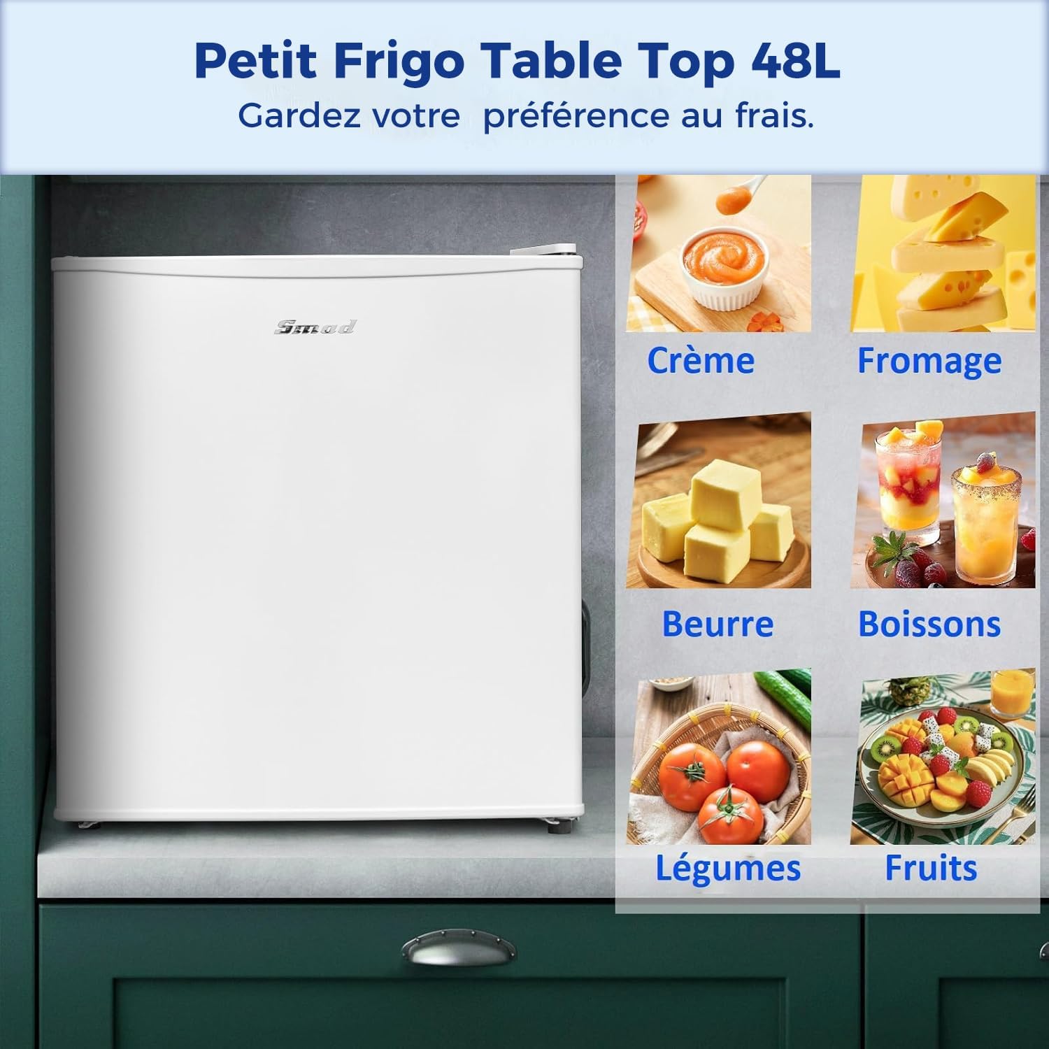 Smad - Mini Frigo 48L - porte réversible, 0-10°C, blanc, compact