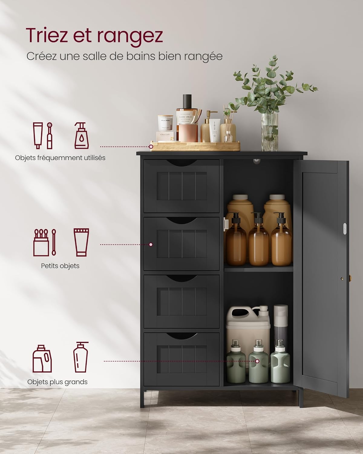 VASAGLE - meuble salle de bain, 30x55x82 cm, 4 tiroirs, étagère réglable, LHC041B02