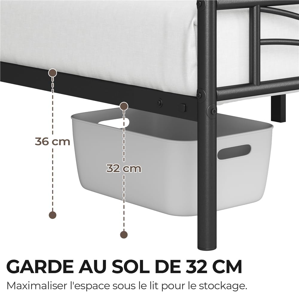 Yaheetech - cadre de lit simple - 90x190 cm - métal, montage facile, noir