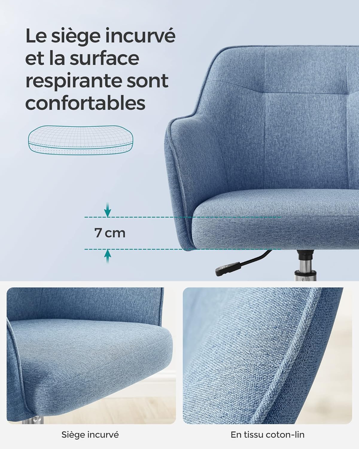 SONGMICS - fauteuil de bureau ergonomique, cadre acier, tissu coton-lin, bleu, réglable, 110kg - OBG019Q01