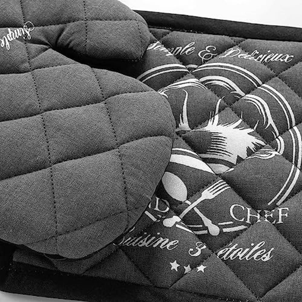 Douceur d'Intérieur - Grand Chef - 18x28/20x20 cm - Gant et manique coton gris imprimé