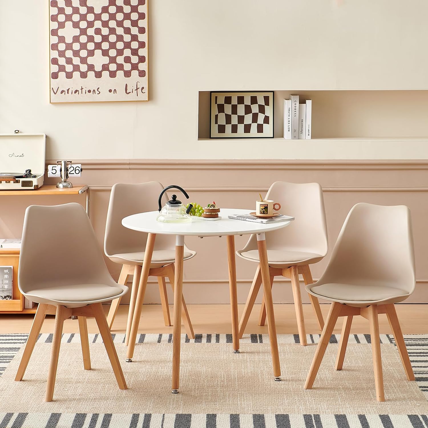 EGGREE - chaises scandinaves, lot de 4, bois hêtre, assise rembourrée, kaki clair