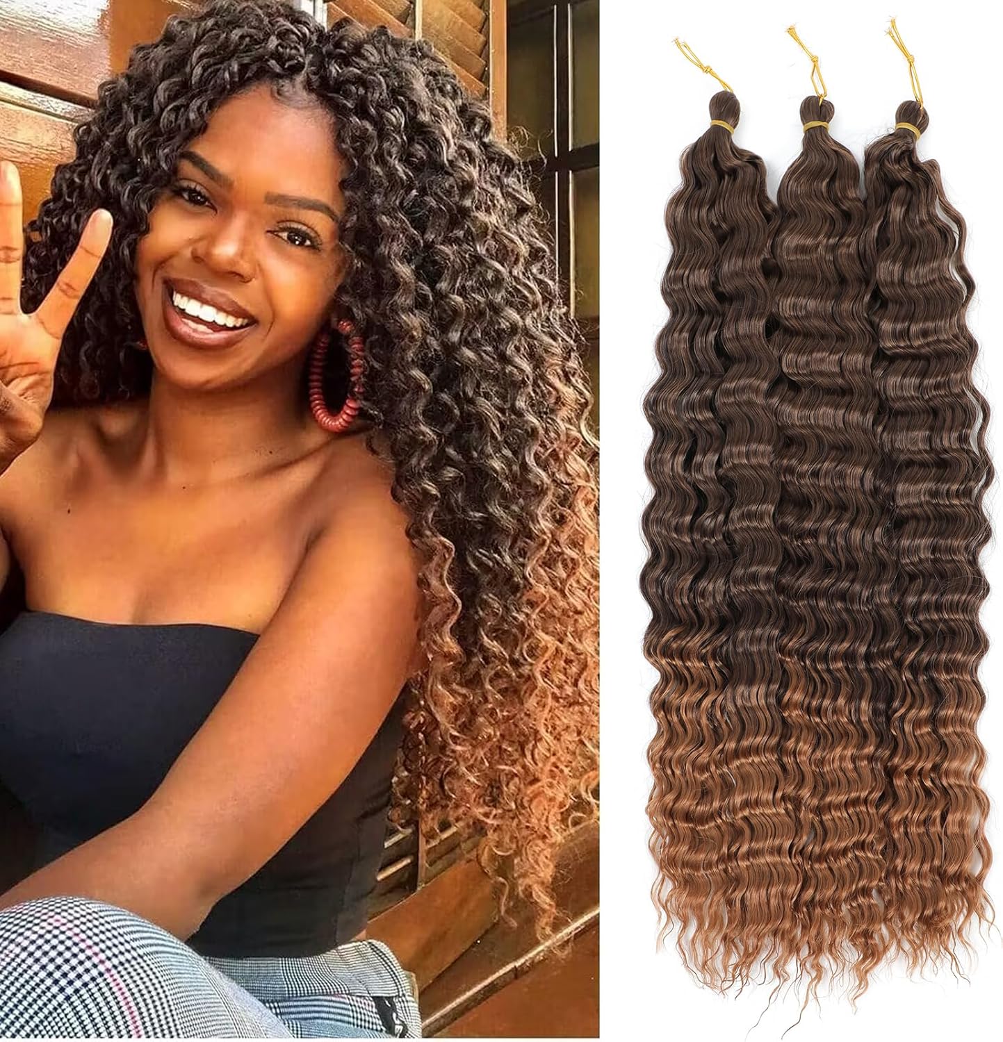Extensions cheveux - Ocean Wave deep wave - 22 pouces, lot de 3, synthétiques, T4/30#
