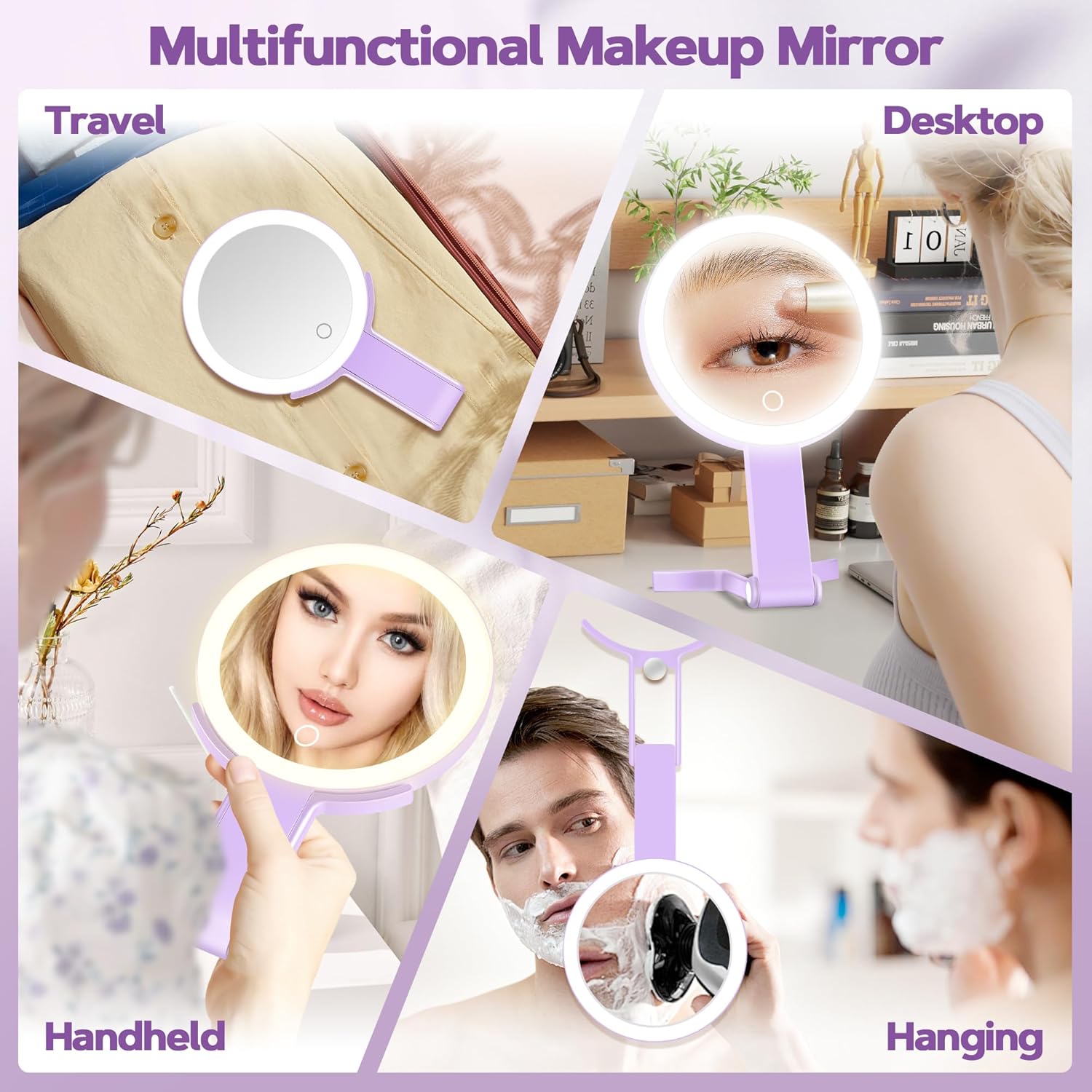 B Beauty Planet - miroir maquillage double face 30x/1x, pliable, éclairage LED, violet