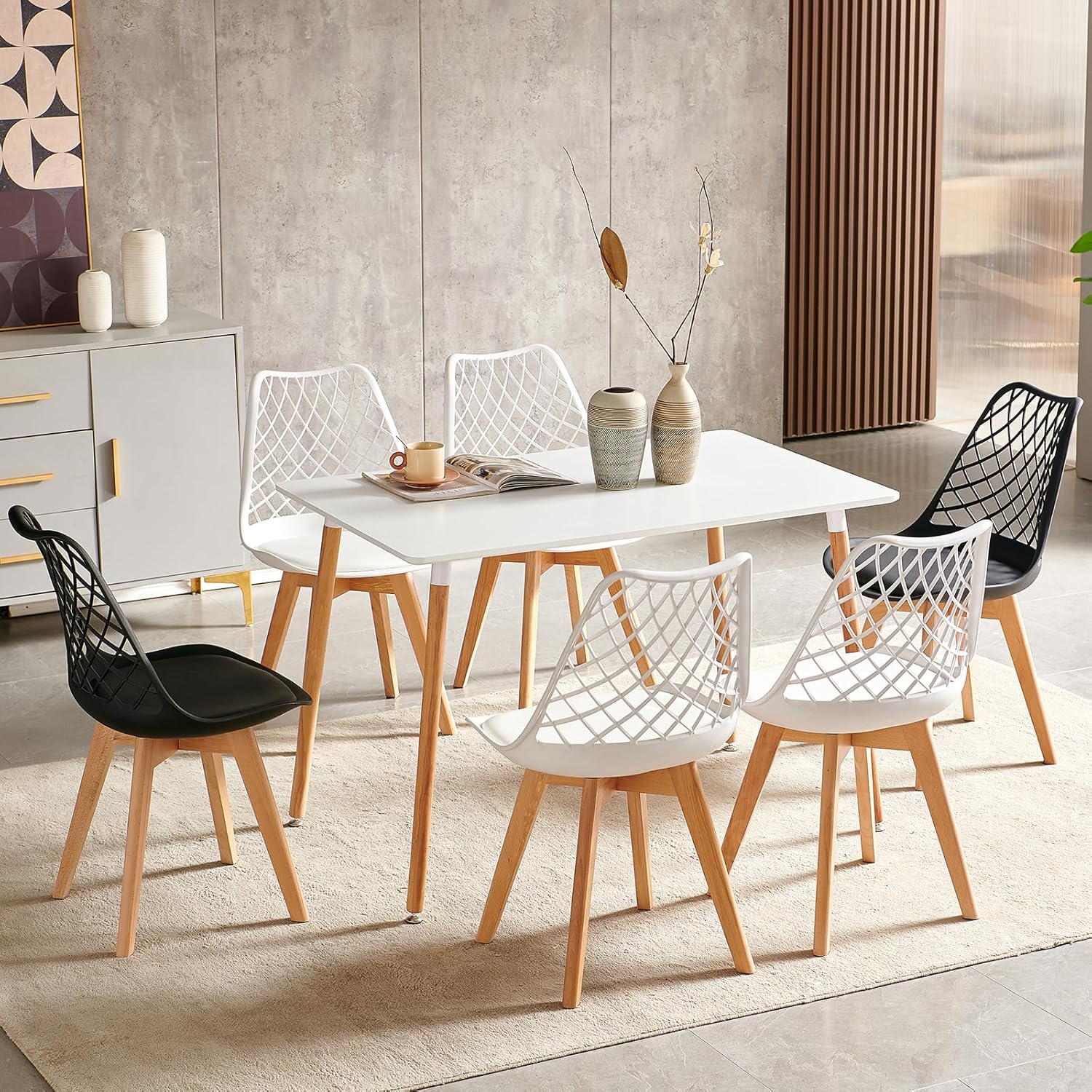 Eggree - Lot de 8 chaises scandinaves blanches, bois hêtre, assise creusée, coussin, motifs ajourés, testées SGS