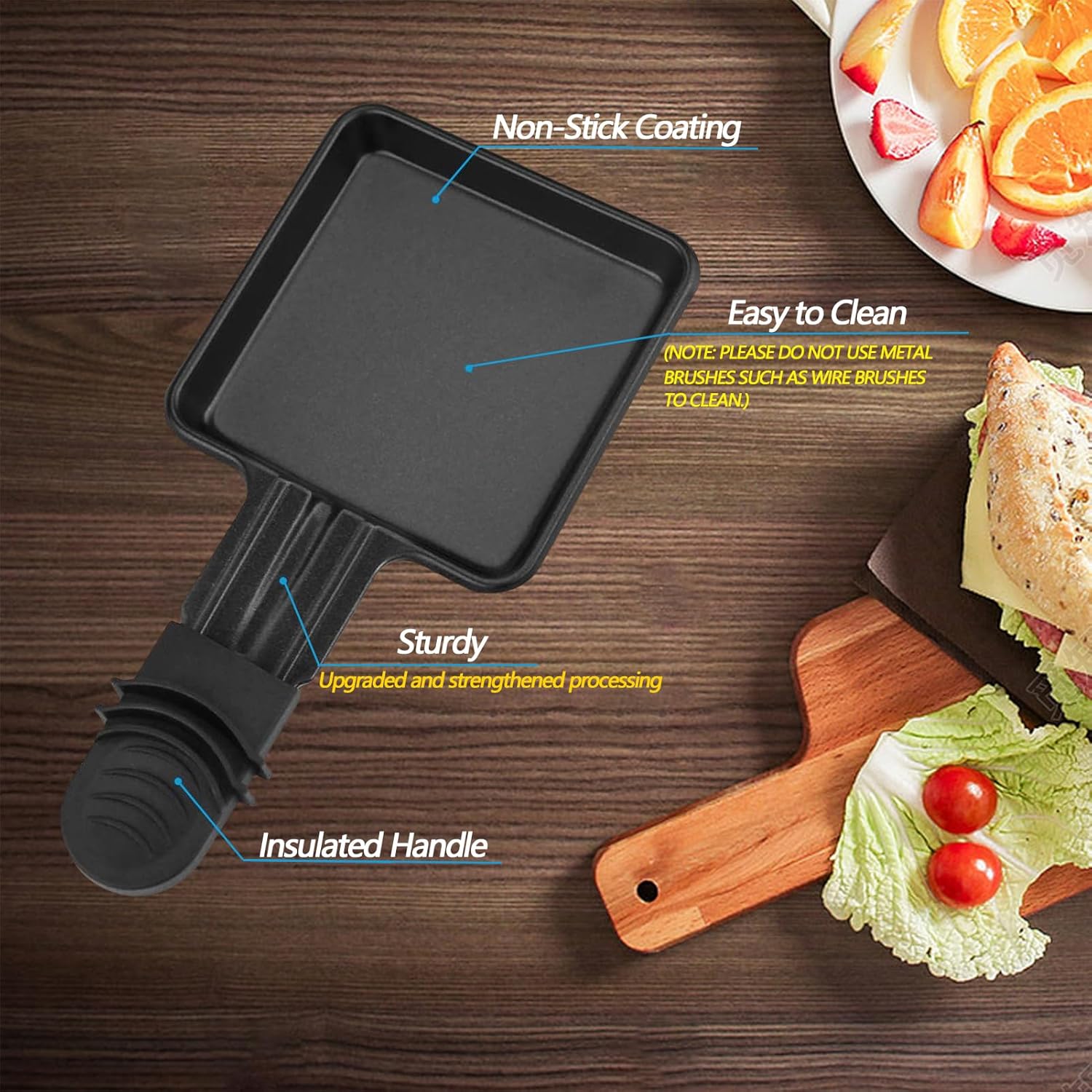 Poêlon raclette triangulaire - 8 pièces, antiadhésif, spatules incluses, noir