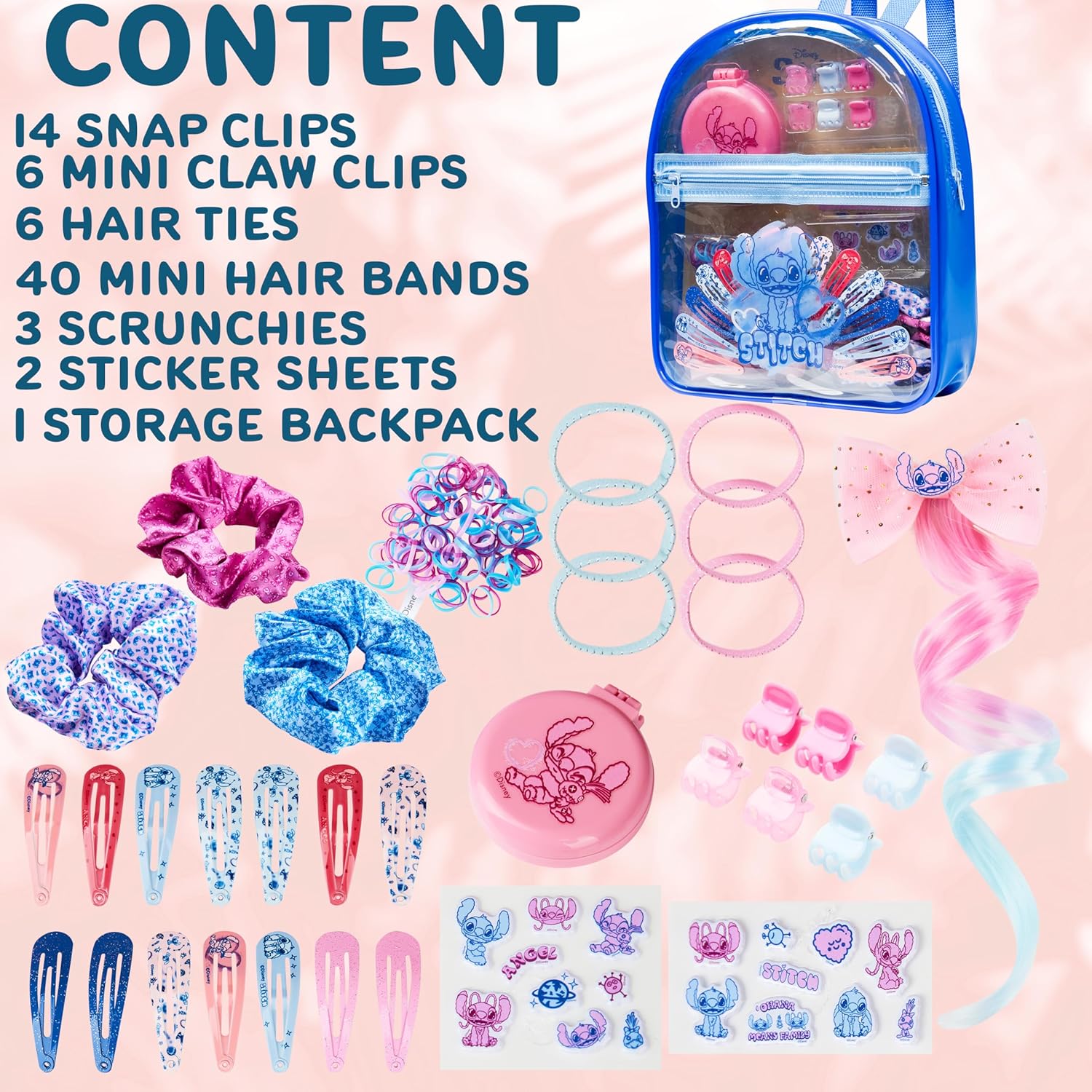 Get Trend - Coffret accessoires cheveux Stitch - sac à dos, barrettes, stickers, brosse pliante, chouchous