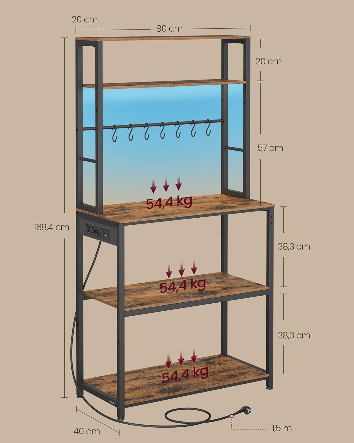 VASAGLE - étagère cuisine LED, multiprise, 8 crochets - 40x80x168,4 cm - KKS050KD01