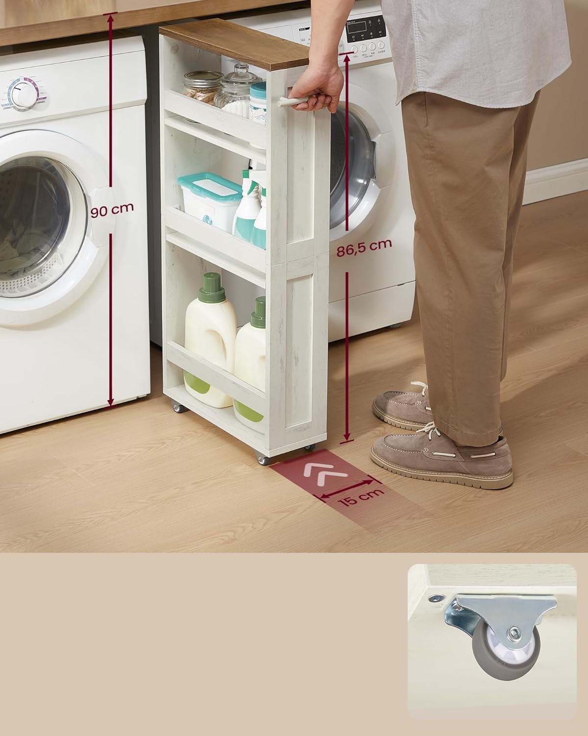 VASAGLE - chariot de rangement 4 niveaux, 15x43,2x86,5 cm, poignée et roulettes, LRC050K01