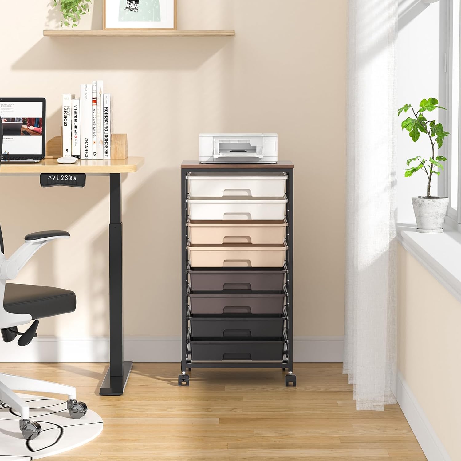 Chariot de salle de bain - 8 tiroirs, roulettes, plateau bois, grande capacité, marron