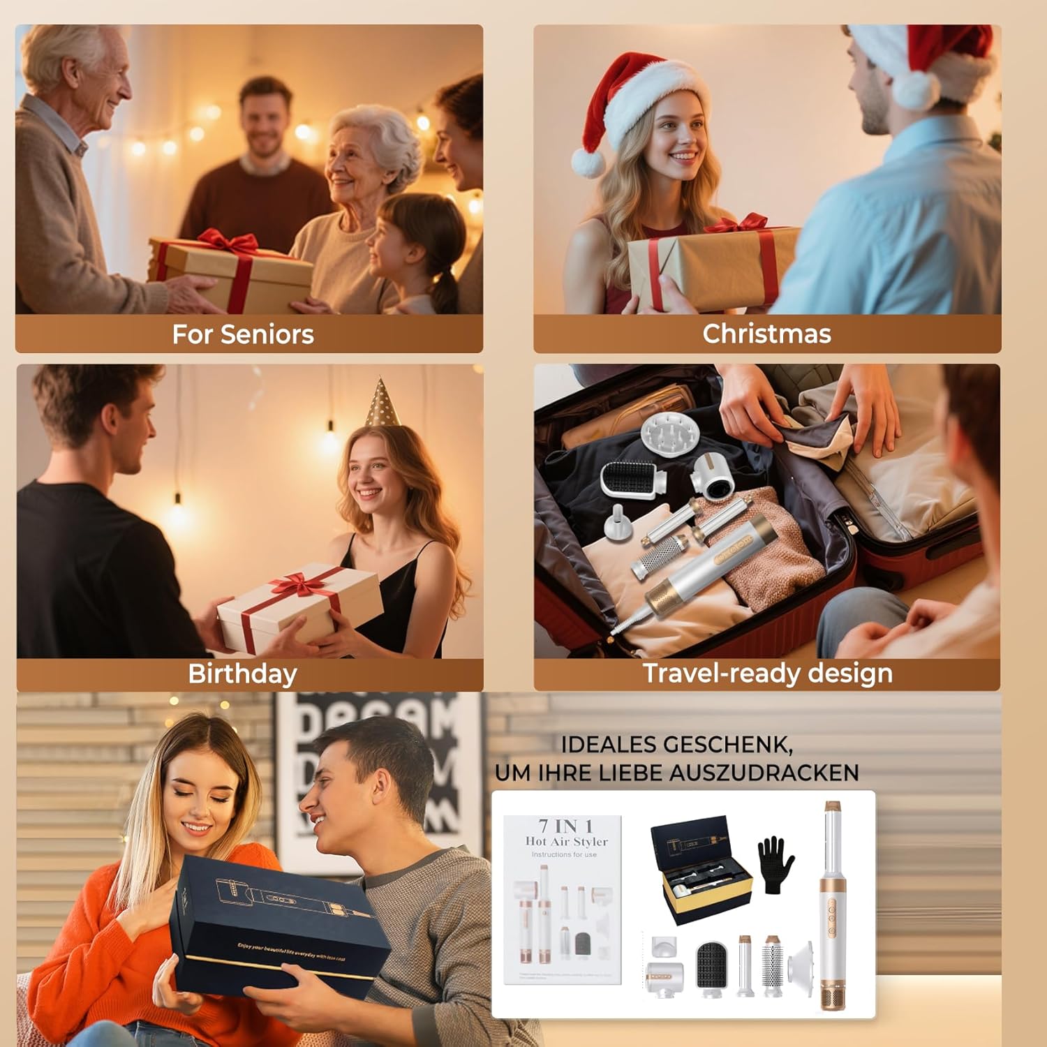 UKLISS - Brosse soufflante 7-en-1, sèche-cheveux, boucleur, brosse lissante - Cadeau femme styling