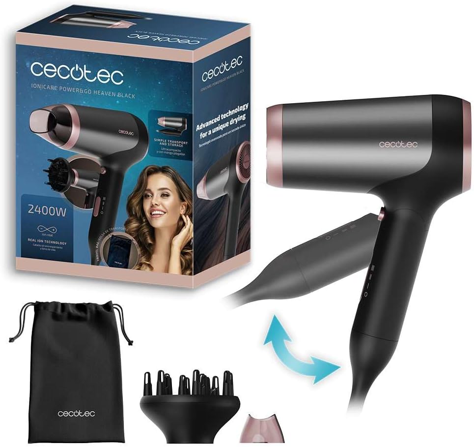 Cecotec - IoniCare Power&Travel - compact pliable, 2400W, ions, accessoires