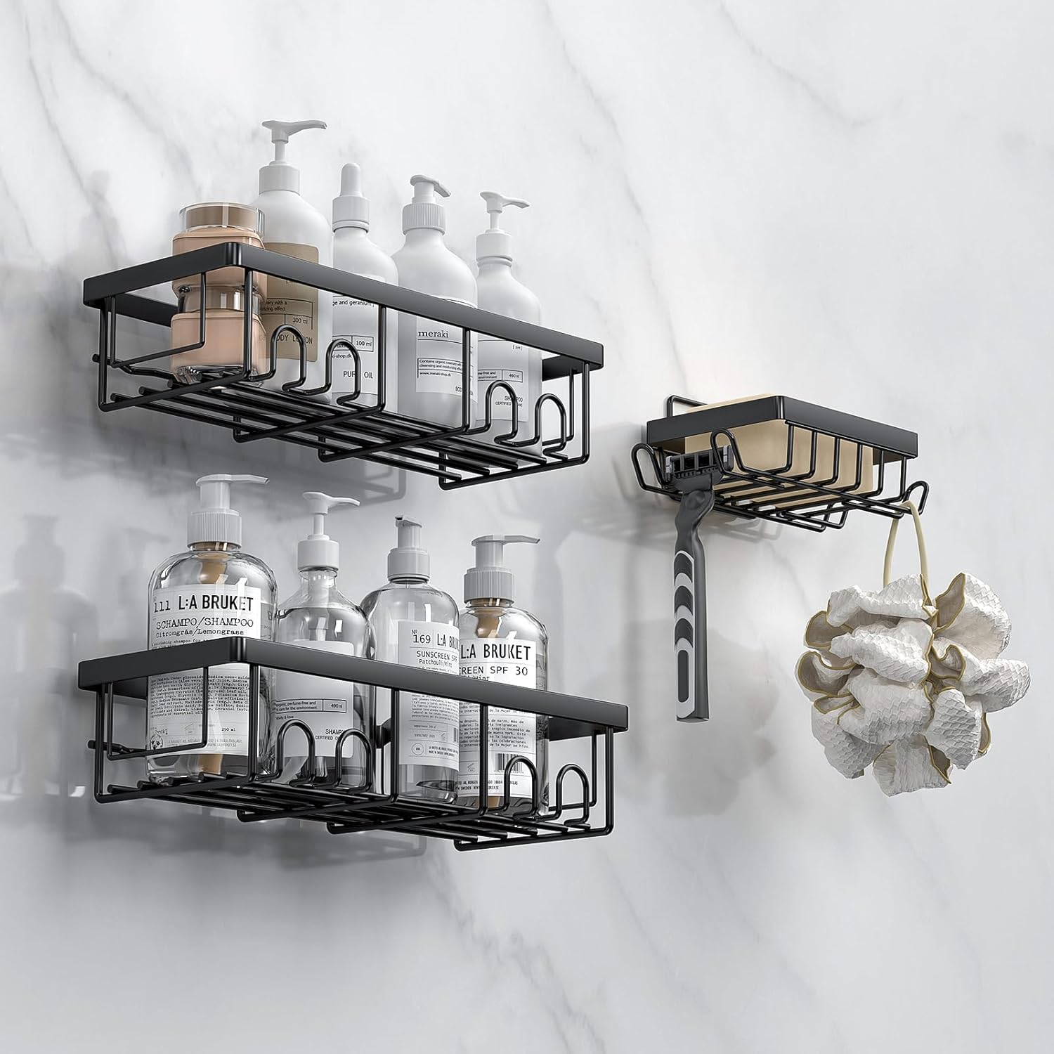 AceMining - Étagère de douche sans perçage, 3 pcs, crochets, rangement compact
