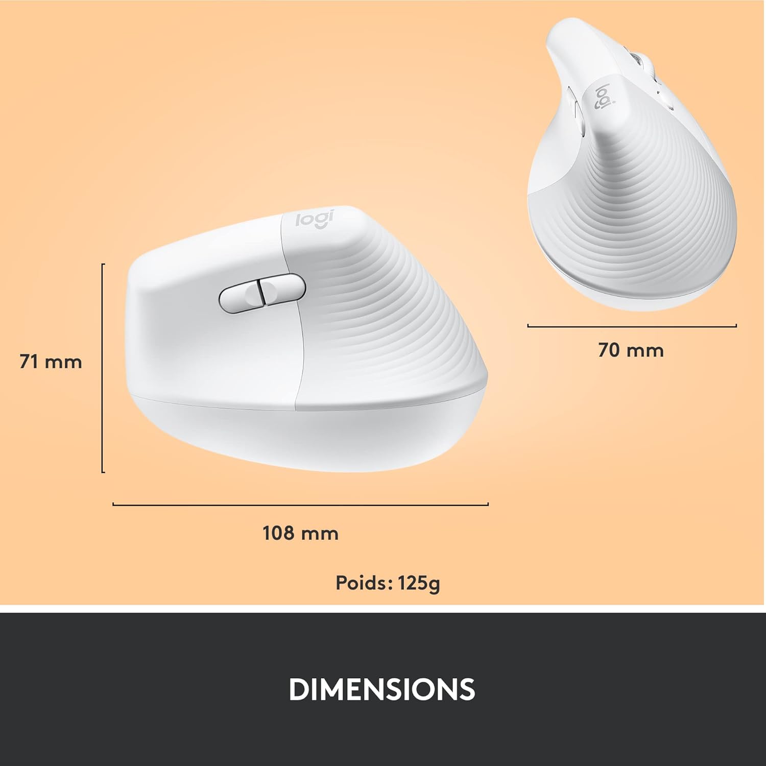 Logitech - Lift série - souris verticale sans fil, Bluetooth, 4 boutons, silencieuse, blanche