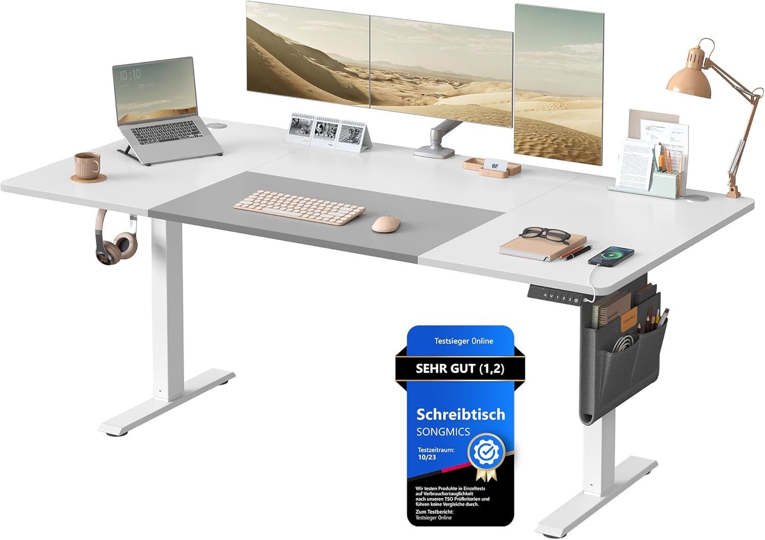 SONGMICS - Bureau électrique série assis-debout - 180x80 cm - Réglable, mémoire 4 hauteurs, USB-C, blanc/gris - LSD028WZ