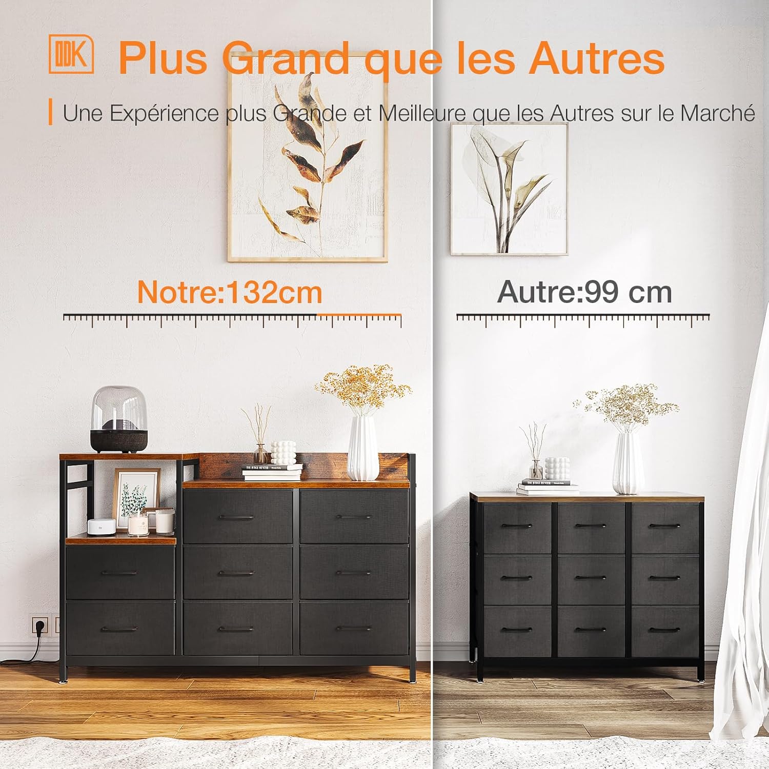 ODK - commode chambre vintage et noire - 132x30x88 cm - 2 ports USB, 2 AC, armoire à tiroirs multifonction