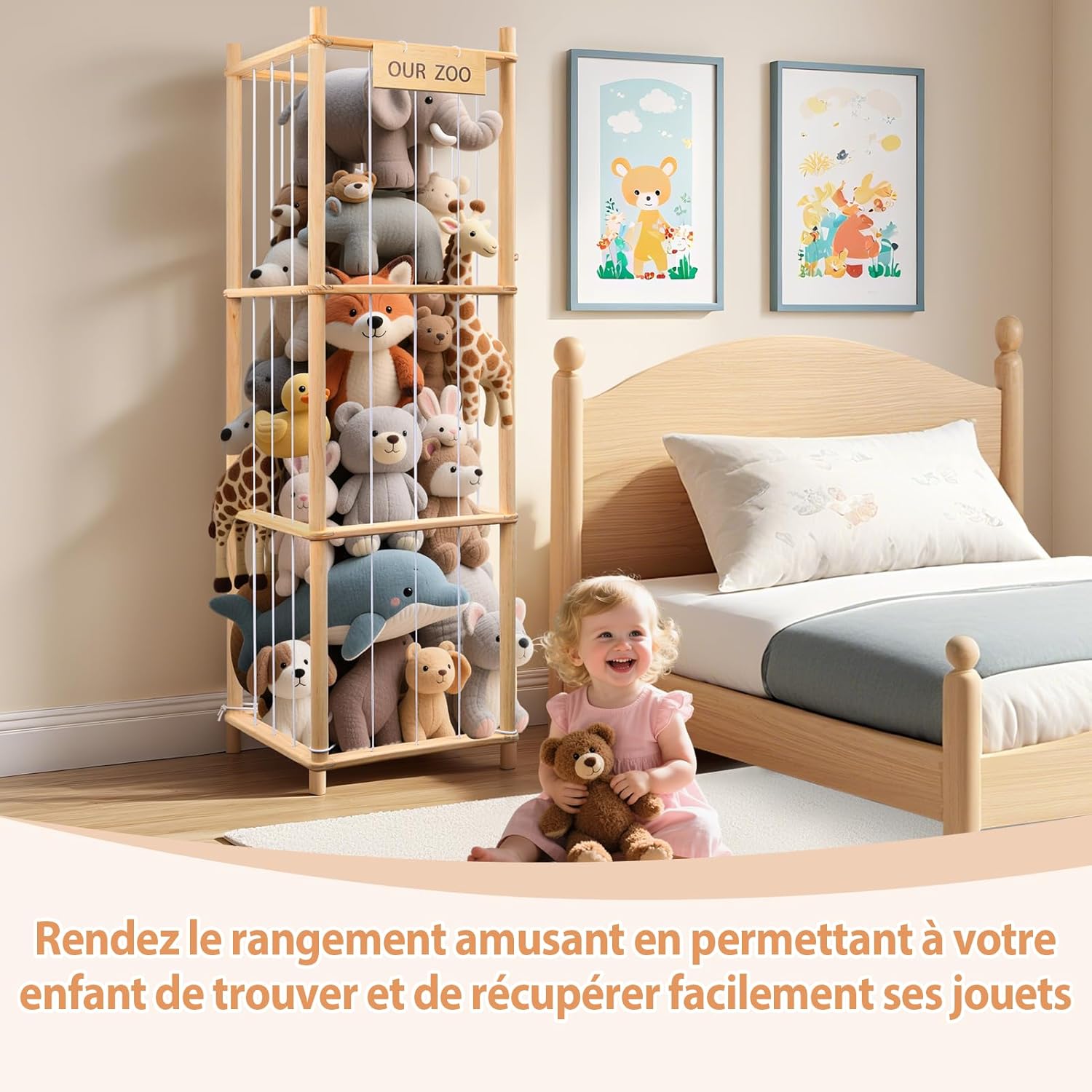 Rangement peluche enfant - tour bois 136x40x40cm - grande capacité