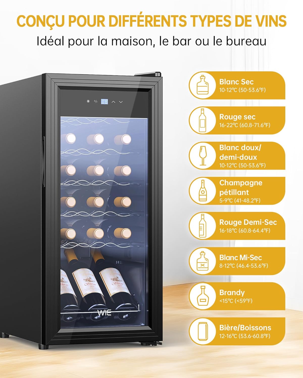 WIE - cave à vin 18 bouteilles, 53L, porte vitrée, compresseur, LED
