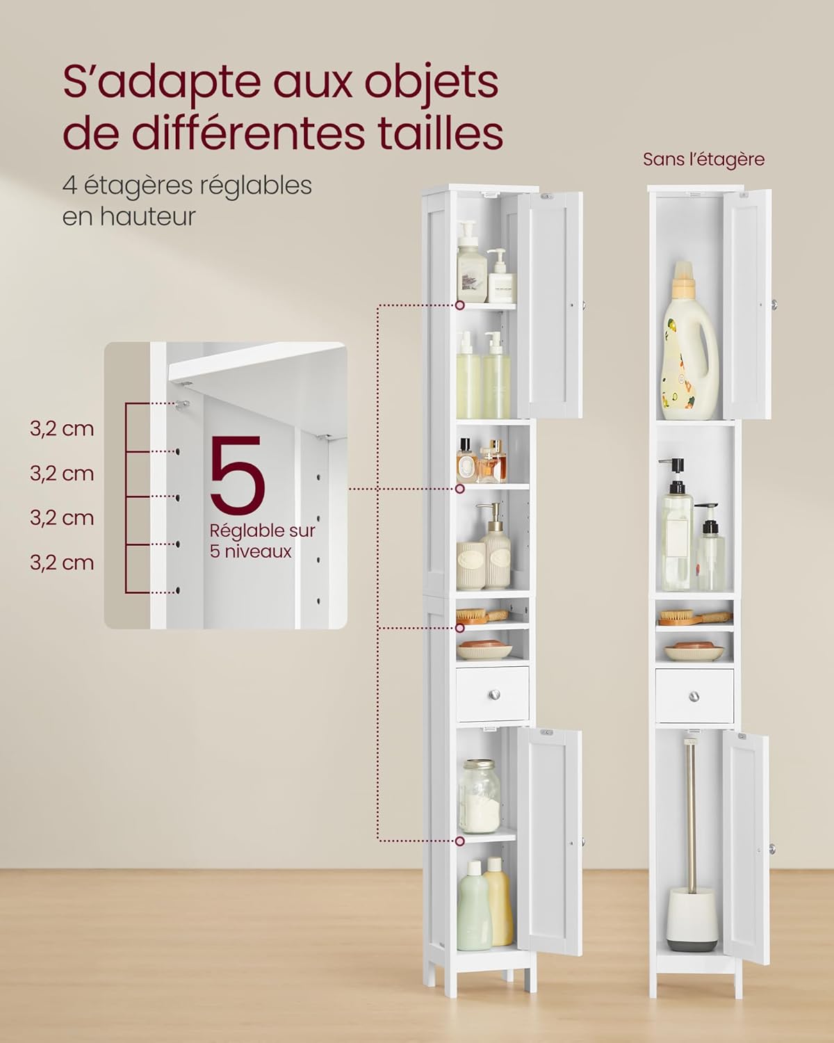 VASAGLE - colonne salle de bain moderne, étagères réglables, compacte BBC765W01