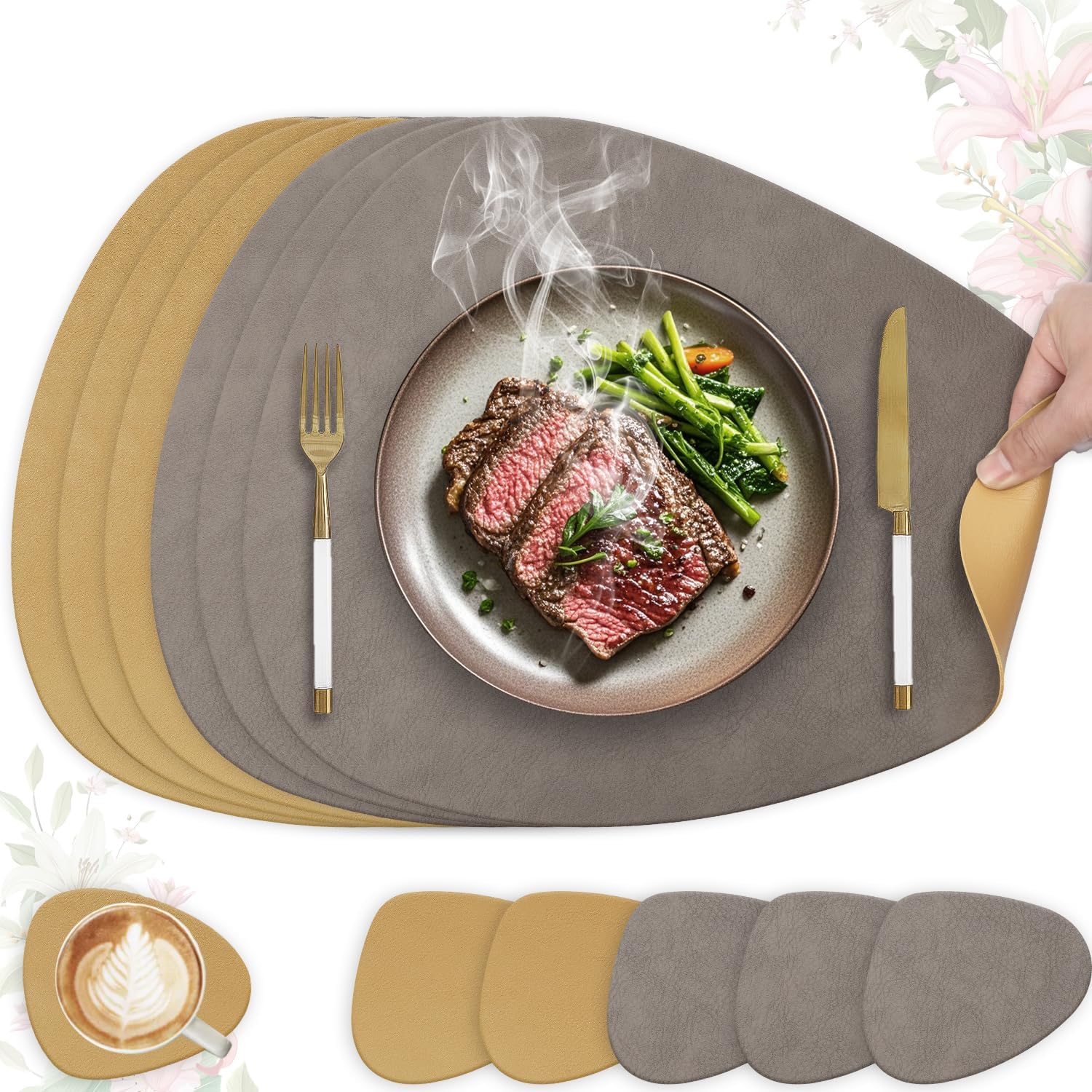 Set de table - ovale 41x33cm - lavable, antidérapant, PU double face, lot de 6, marron clair