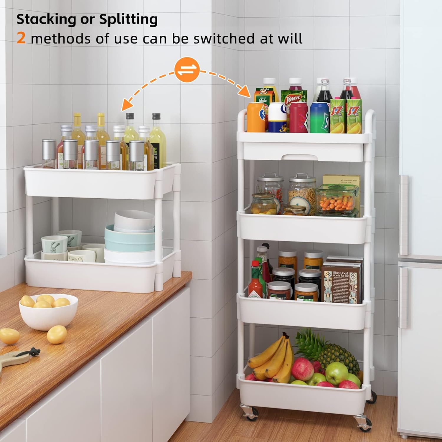 Chariot de rangement - 3/4 niveaux - à roulettes, plastique, tiroirs