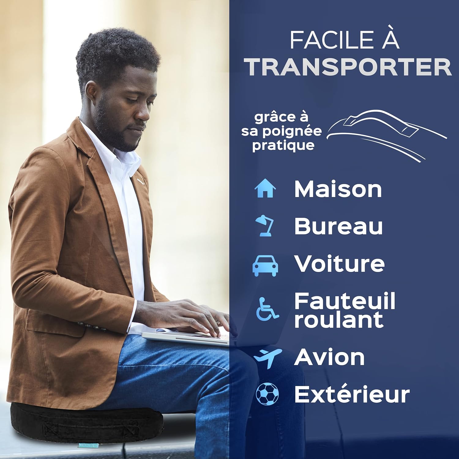 Coussin assise ergonomique mémoire de forme, large, soutien dos noir