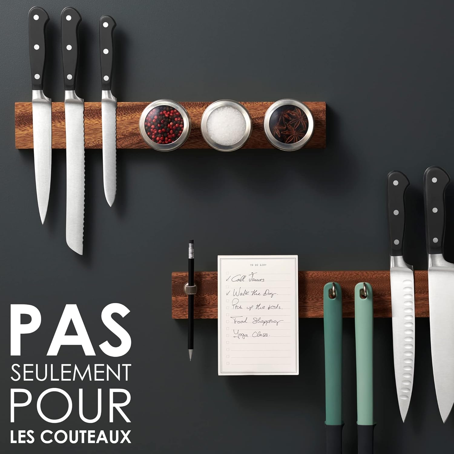 LARHN - Porte-couteaux mural puissant, noyer, 40 cm, aimanté