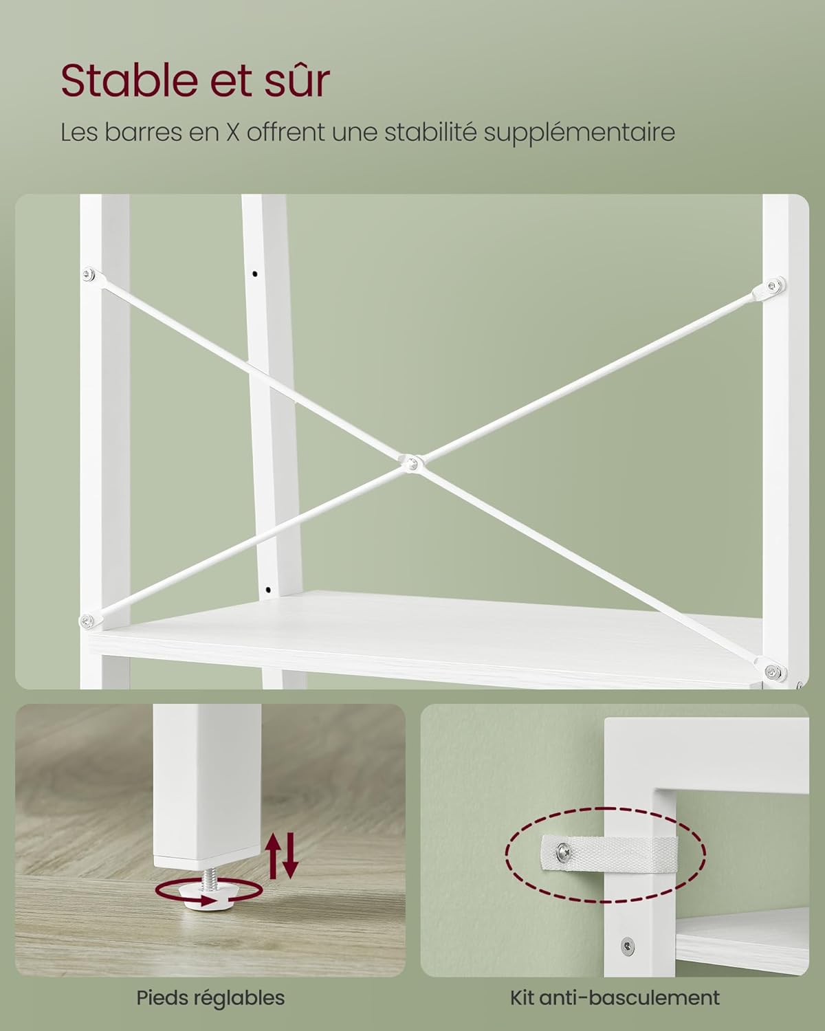 VASAGLE - étagère 4 niveaux rangement acier, blanc érable, LLS044W44