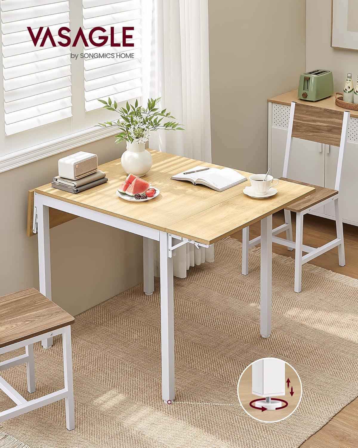 VASAGLE - Table pliante extensible 2-4 pers, chêne/blanc, rectangulaire, petits espaces, KDT077Y01