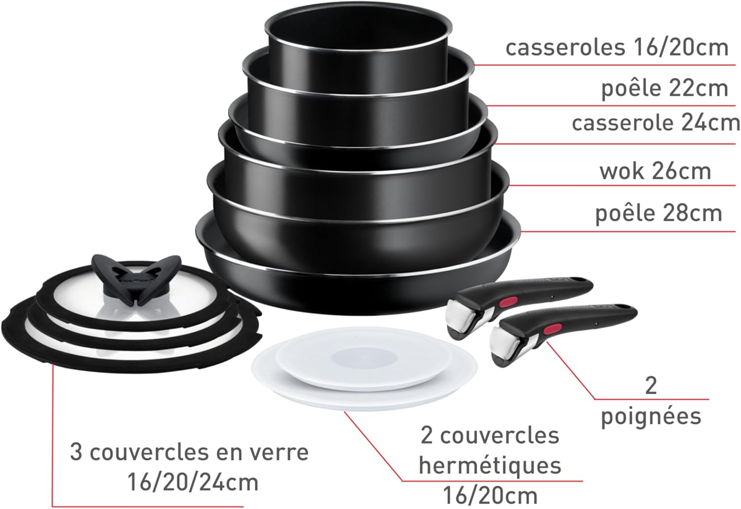 Tefal - Ingenio Easy On - Batterie 13 pièces, poignées amovibles, empilable, antiadhésif, sans induction, L1599243
