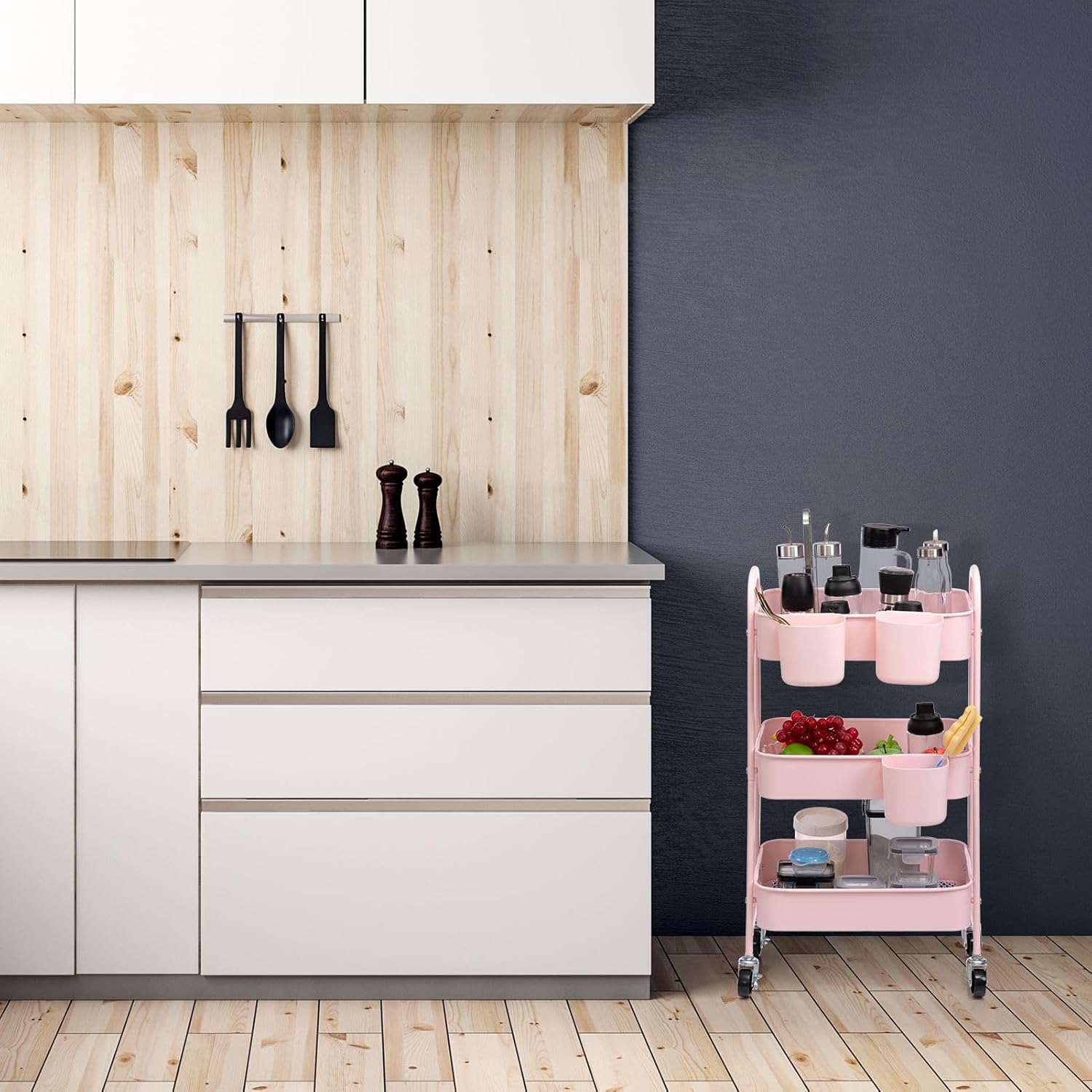 DOEWORKS - Chariot 3 niveaux métal, roulettes, cuisine/bureau, rose