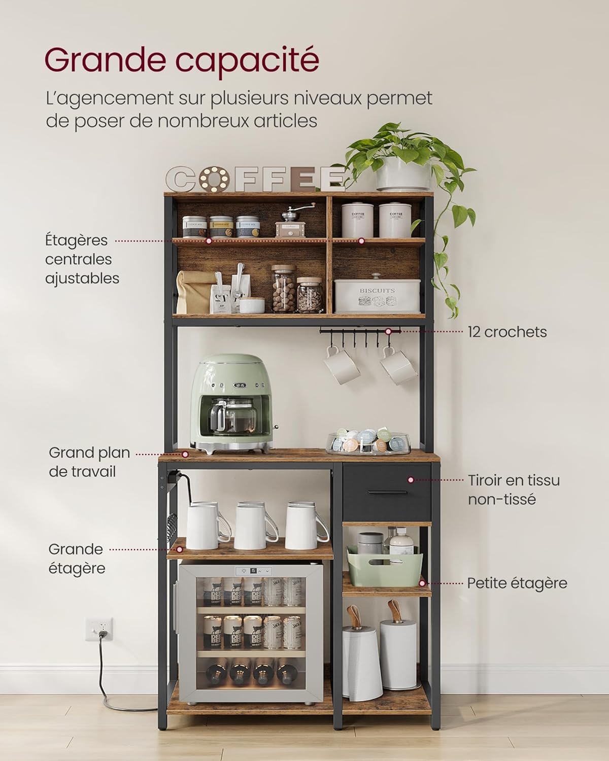 VASAGLE - étagère cuisine série KKS015K03, 40x80x180,4 cm, multiprise, étagères réglables, tiroir tissu