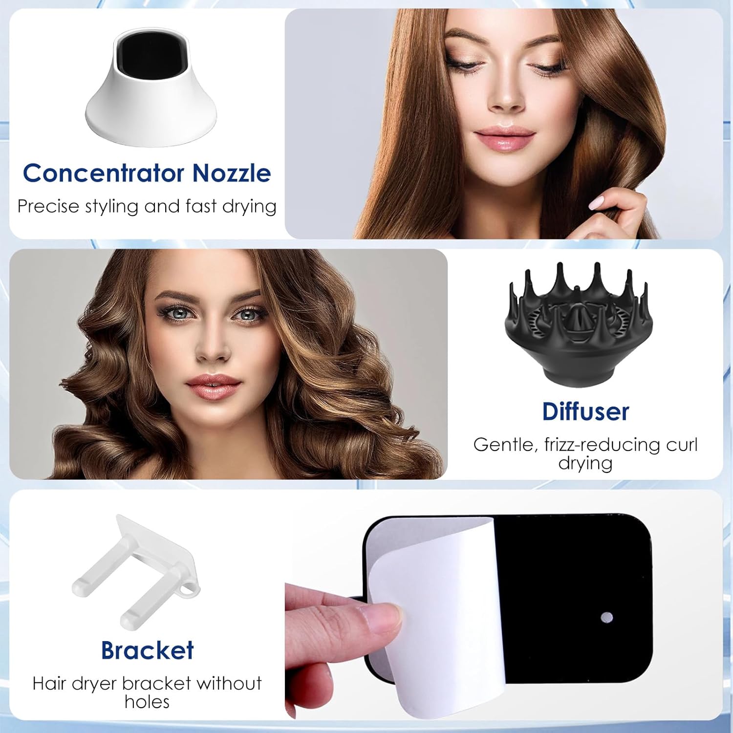 Sèche-cheveux ionique professionnel - 2200W - 4 modes, diffuseur, protection surchauffe, blanc